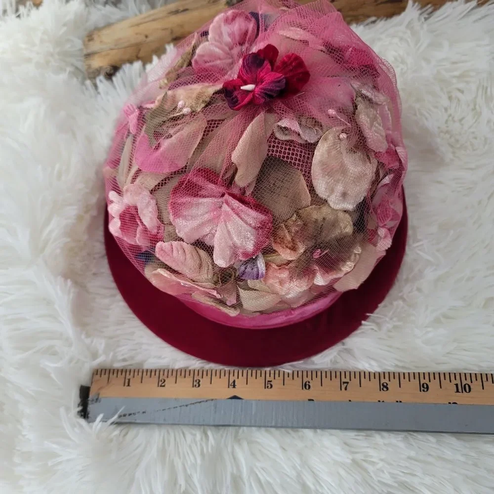 Vintage 1950s originals by Lee Bury of Dallas flower mesh and velvet hat pink - Picture 9 of 11